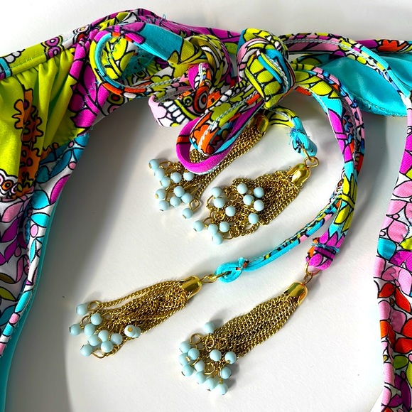 Trina Turk turquoise reef gold string bikini bottom multicolor blue bead NWT 10 - Picture 8 of 13